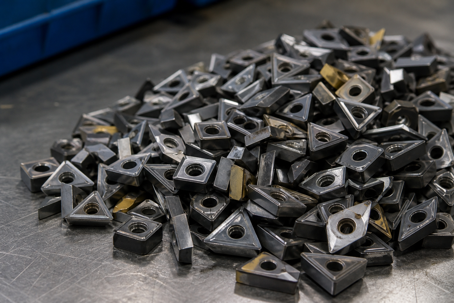 Clean tungsten carbide inserts, end mills, and hard tooling scrap sorted for recycling