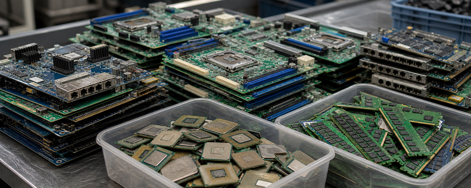 Motherboards, processors, memory modules, and high-grade circuit boards sorted for e-scrap recycling