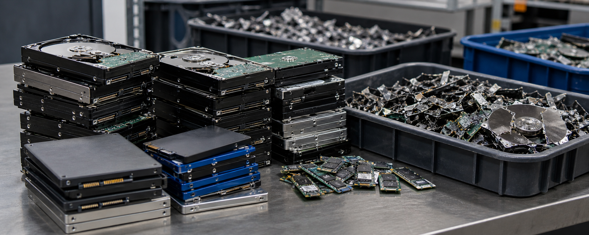 Hard drives, SSDs, and data-bearing electronic scrap prepared for secure handling
