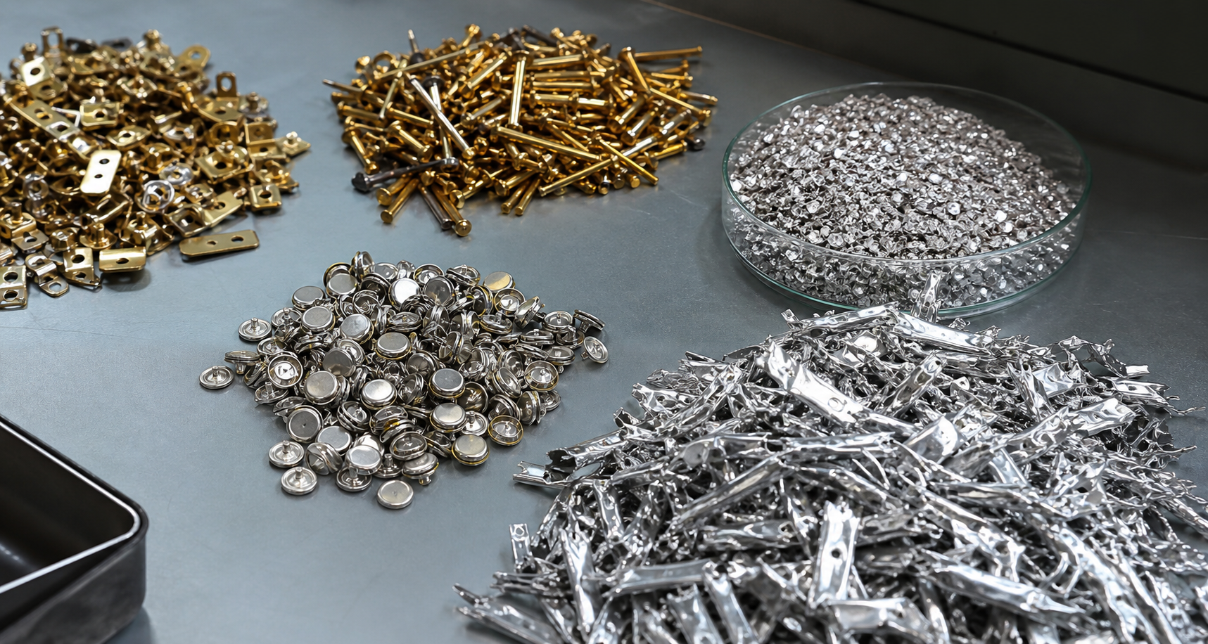 Gold and silver bearing scrap, contacts, wire, and plated material arranged for evaluation