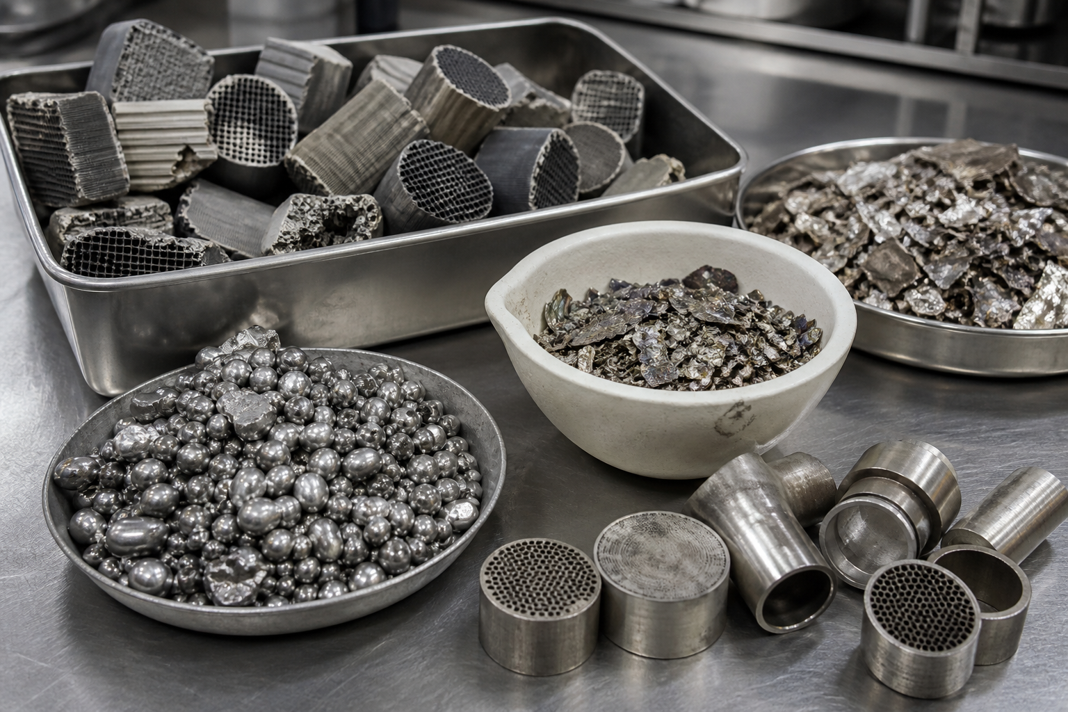 Platinum group metal catalysts, lab scrap, and industrial precious metal material sorted for recycling