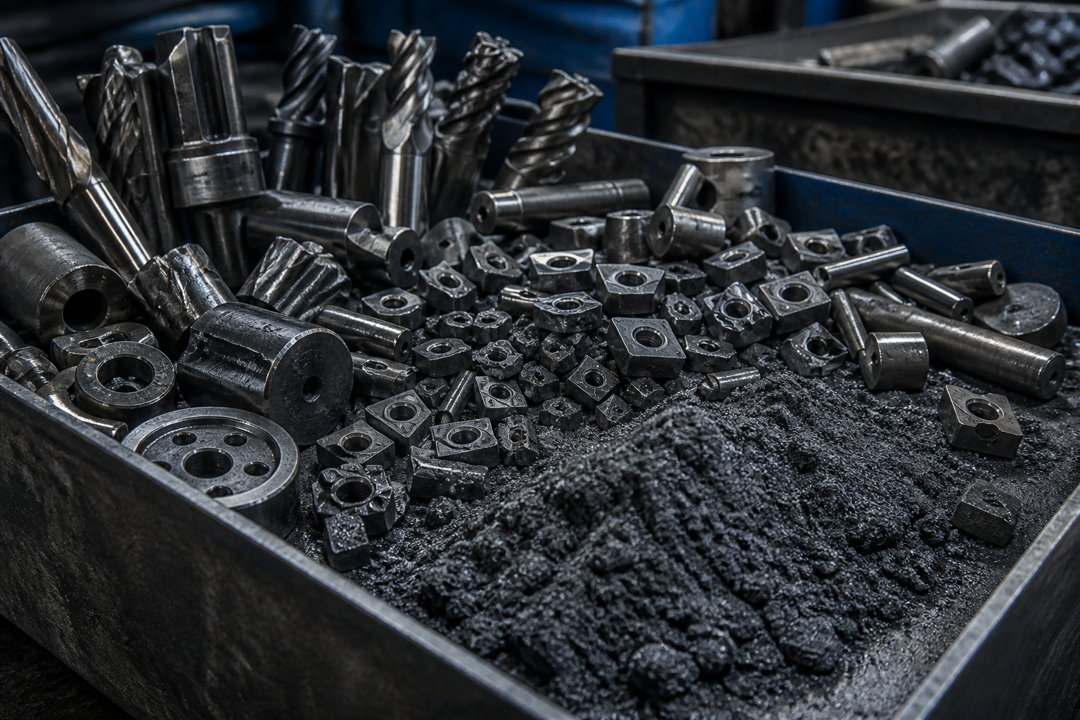 Close-up of carbide inserts, end mills, rods, and tooling scrap sorted for recycling