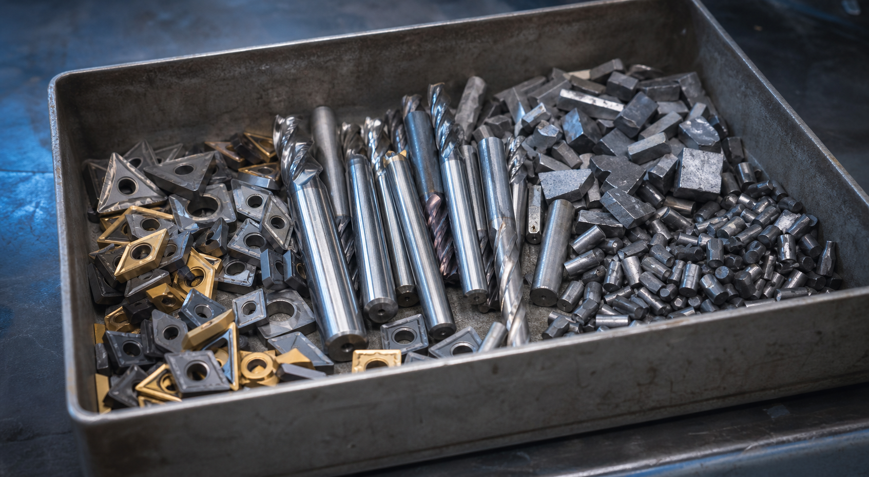 Sorted tungsten carbide inserts and tooling scrap in a steel bin