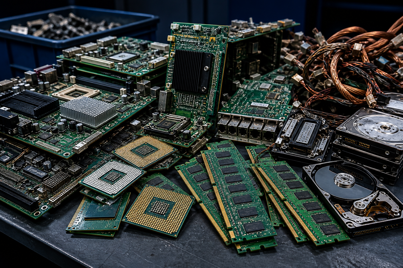 Close-up of circuit boards, processors, memory modules, and electronic scrap sorted for recycling