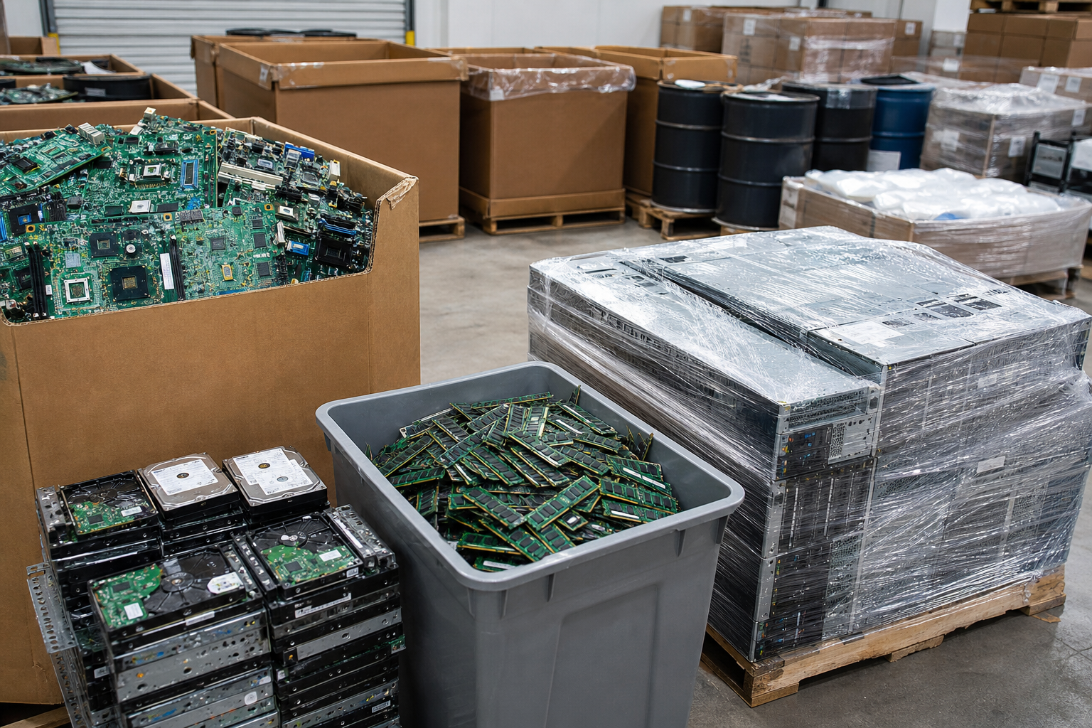 Electronic scrap sorted with drums and gaylord boxes for pickup