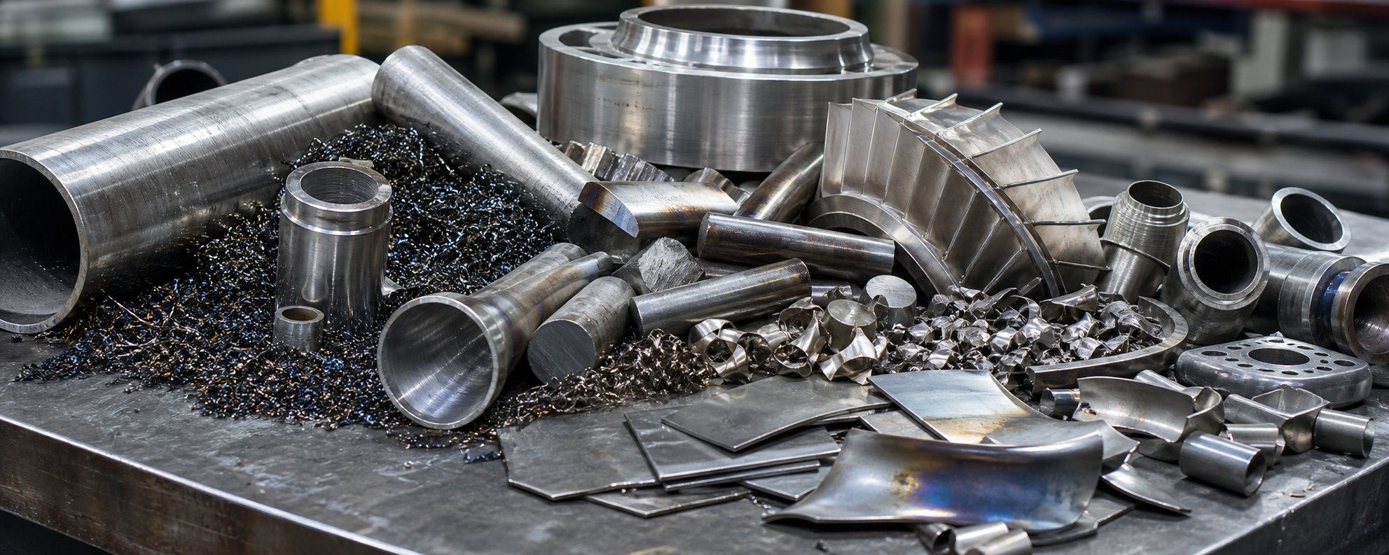 Nickel alloy tubes, bars, sheet offcuts, and superalloy scrap ready for inspection