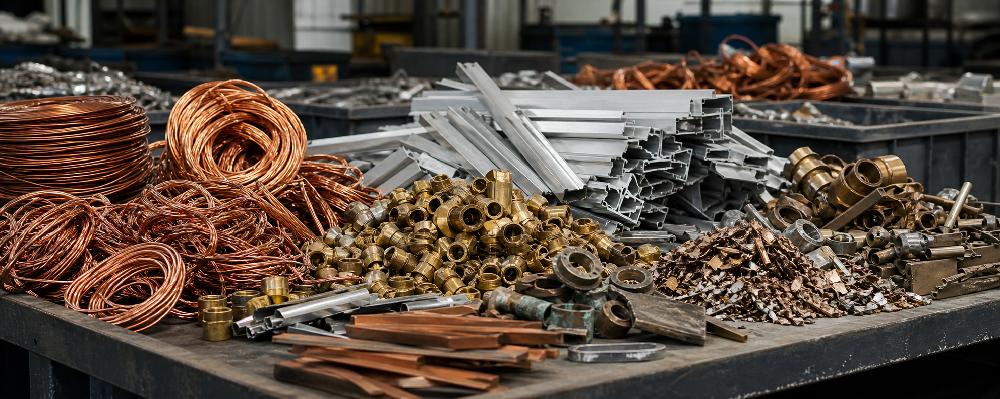 Copper wire, brass fittings, aluminum extrusions, and mixed non-ferrous scrap sorted for inspection