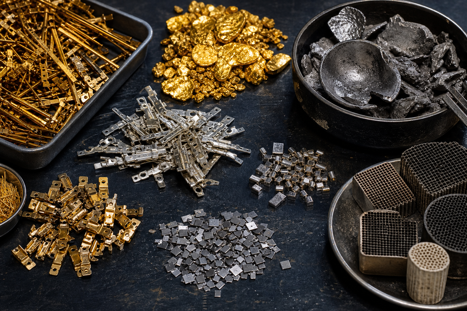 Close-up of gold, silver, platinum, and specialty metal scrap arranged for evaluation