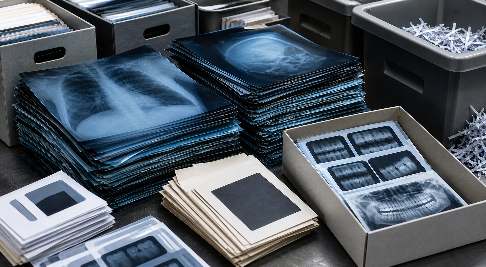 Stacks of X-ray film and archive envelopes prepared for compliant recycling