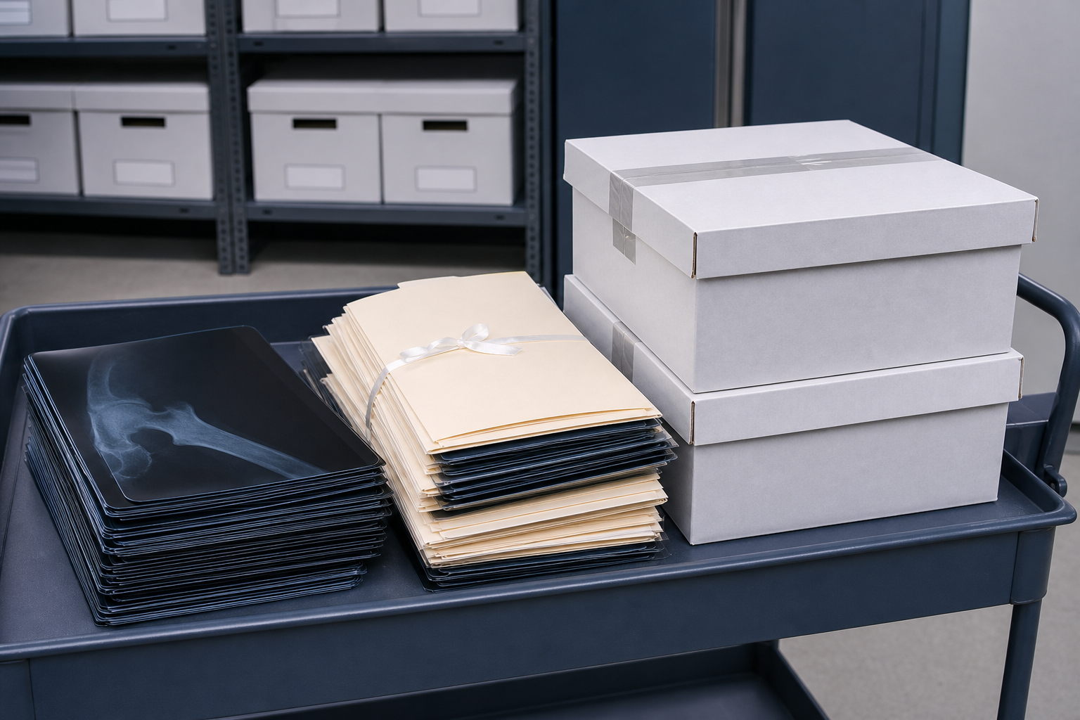 Organized X-ray film and archive boxes ready for recycling